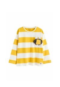 Gelb-weiß gestreiftes Langarmshirt mit rundem Halsausschnitt und einer bienenförmigen Tasche mit grauen Akzenten und gestickten Details.