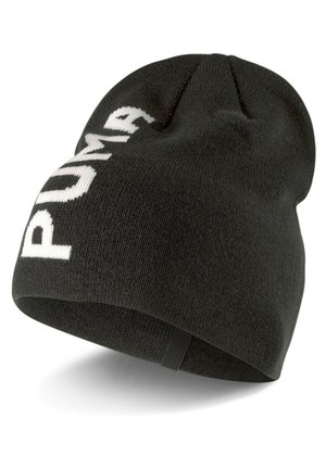 Gorro de punto negro con un gran logo blanco de "PUMA" en la parte frontal. Textura suave, forma redondeada con una ligera caída en la parte superior.
