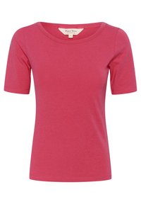 T-shirt a maniche corte in cotone rosa uniforme. Presenta un collo rotondo e un design aderente con cuciture pulite e senza motivi visibili.