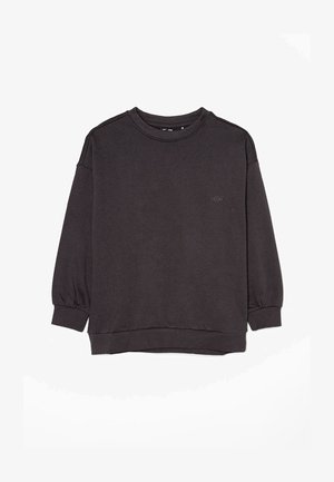 Ciemnoszary sweter z długimi, bufiastymi rękawami. Wykonany z teksturowanej tkaniny, z prążkowanym dołem i małym logo z przodu.