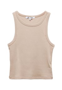 Ribbed tank top w jasnym beżu, wykonany z bawełny. Posiada okrągły dekolt, bez rękawów oraz prosty dół.