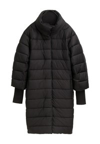 Crna puffer jakna s visokim vratom, kratkim rukavima i kviltanom teksturom. Ima rebraste manžete i elegantan, minimalistički dizajn.
