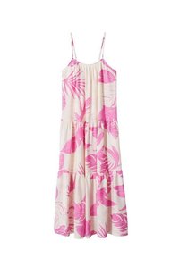 Hame dress maxi tanpa lengan berwarna pink muda dengan rok berlapis dan corak daun tropis pink cerah, dilengkapi tali bahu tipis yang dapat disesuaikan.