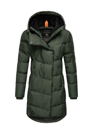 Long, dark green padded coat with a hood. Features a zippered front, two exterior pockets, and black interior lining. Textured fabric.