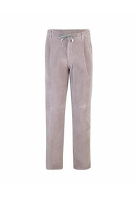 Pantaloni in corduroy viola chiaro con vita elasticizzata, cordino regolabile, due tasche frontali e design a gamba dritta.