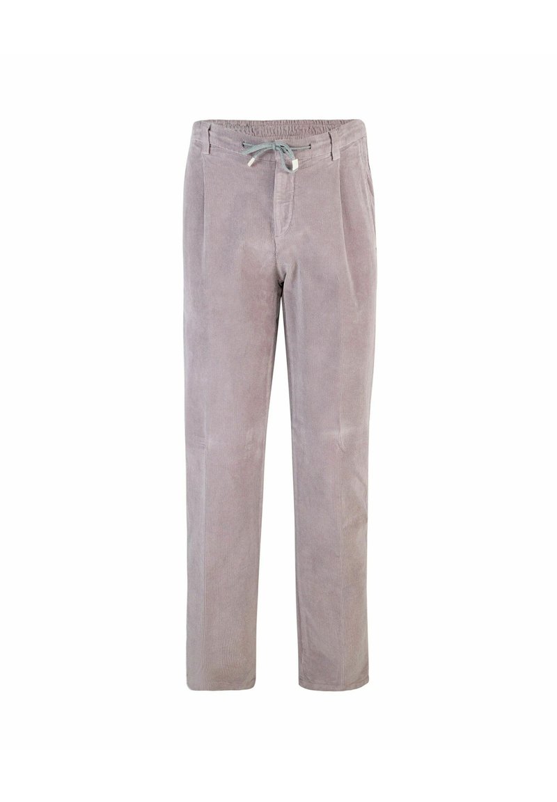 Pantaloni in corduroy viola chiaro con vita elasticizzata, cordino regolabile, due tasche frontali e design a gamba dritta.