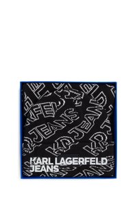 Black beanie with white logo pattern, displayed in a blue box. Features "KARL LAGERFELD JEANS" prominently on the front.