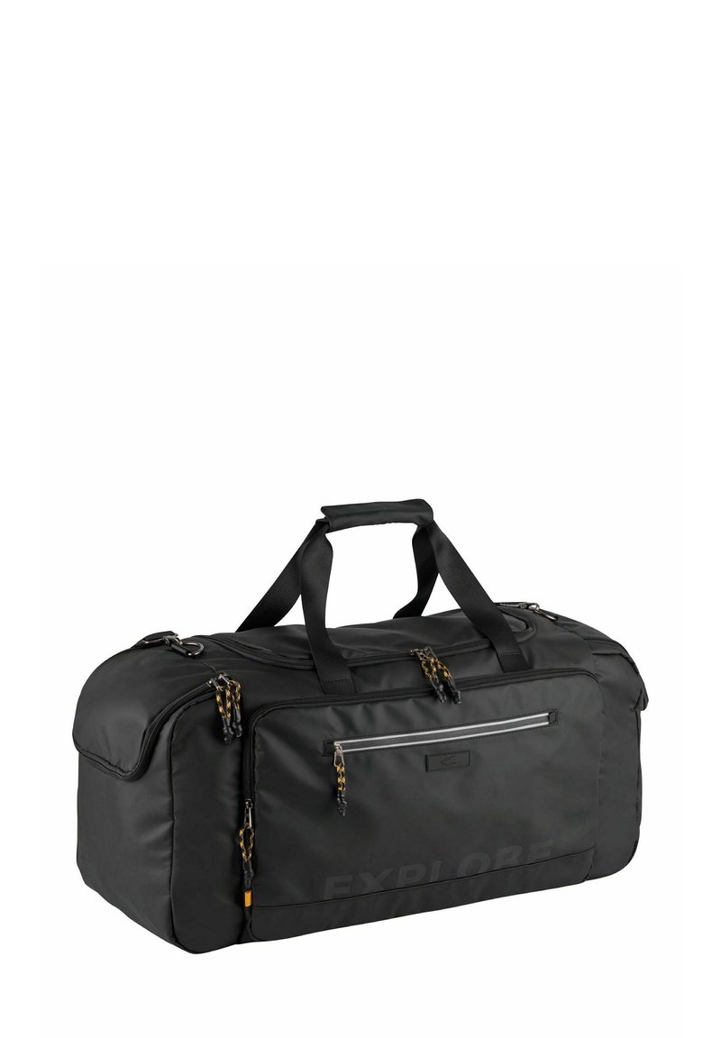 Borsa da viaggio rettangolare nera con più scomparti con cerniera, manici di trasporto e la parola "ESPLORA" stampata sulla tasca frontale.