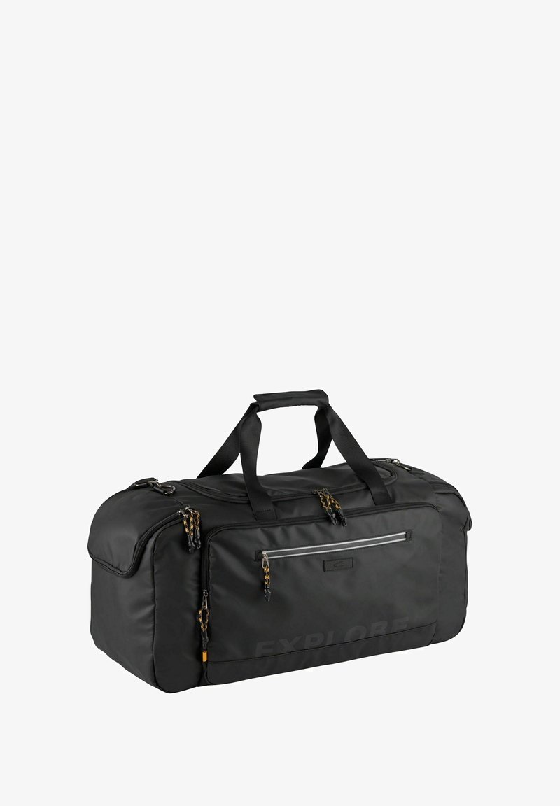 Borsa da viaggio rettangolare nera con più scomparti con cerniera, manici di trasporto e la parola "ESPLORA" stampata sulla tasca frontale.