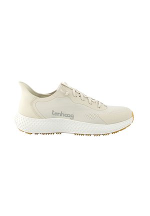 Beige Sneaker mit niedrigem Schaft, strukturierter weißer Sohle, Schnürsenkeln und "tenhaag"-Logo an der Seite.