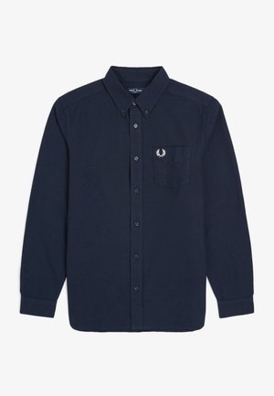 Camicia blu scuro a maniche lunghe con bottoni, colletto con bottoni e una tasca sul petto con logo di corona d'alloro ricamata bianca.