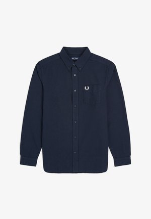 Marineblaue, langärmelige Hemdjacke mit Knopfleiste, einem Button-Down-Kragen und einer Brusttasche mit einem weißen, gestickten Lorbeerkranz-Logo.