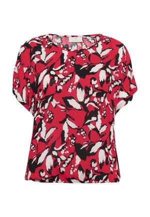 Red floral blouse with black and white leaf patterns, short sleeves, round neckline, and a loose fit design. Made from lightweight fabric.