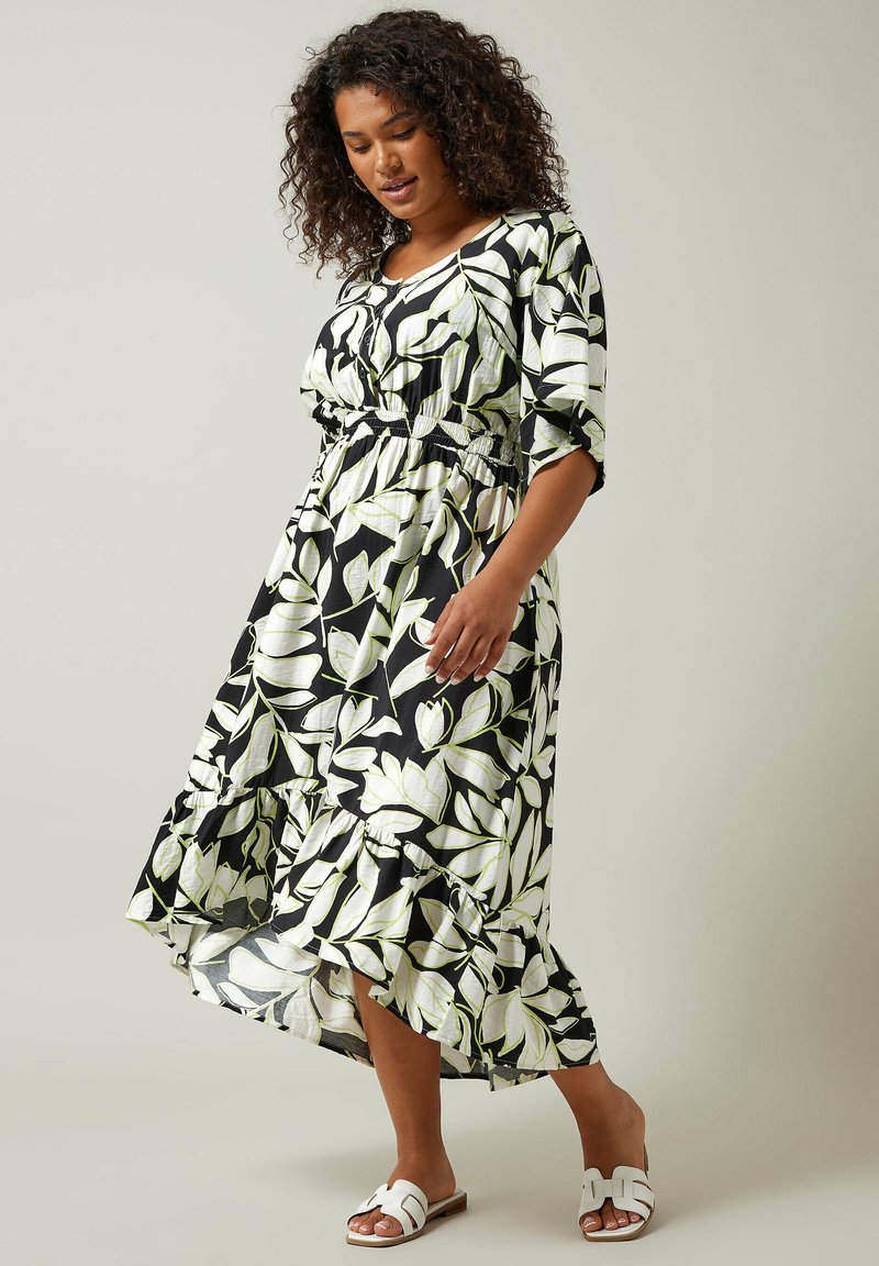 Evans LEAF PRINT DIPPED HEM MIDI  - Paitamekko - black