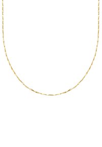 Zelta ķēdes kaklarota ar izstieptiem, platiem savienojumiem. Gluda virsma, viegla konstrukcija un smalka izskats, kas piemērots kārtām.