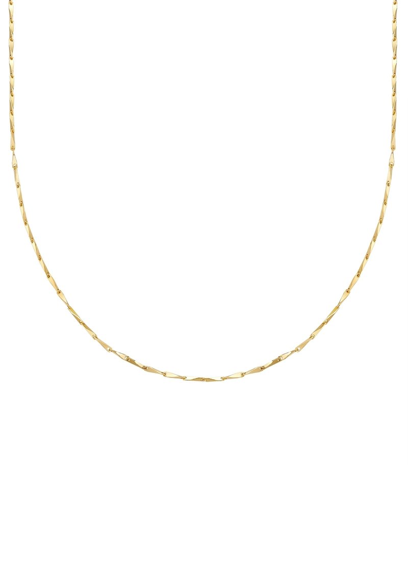 Zelta ķēdes kaklarota ar izstieptiem, platiem savienojumiem. Gluda virsma, viegla konstrukcija un smalka izskats, kas piemērots kārtām.