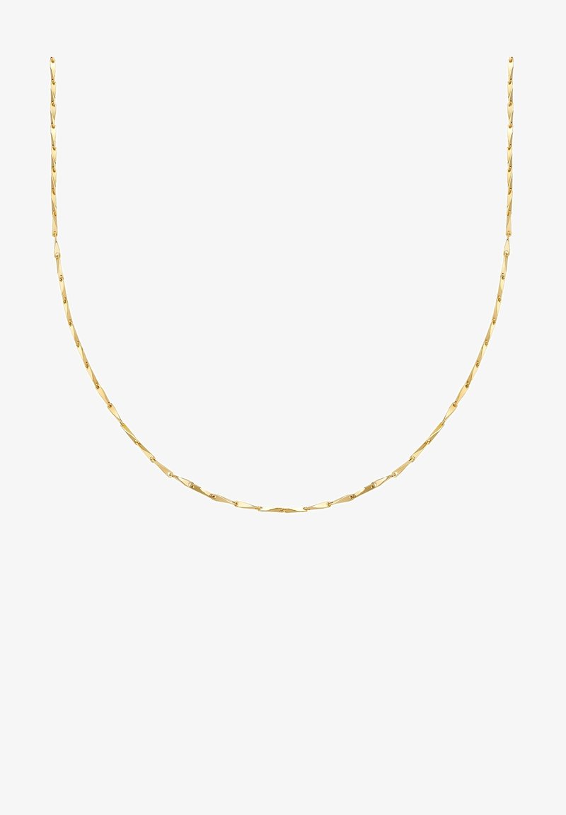 Zelta ķēdes kaklarota ar izstieptiem, platiem savienojumiem. Gluda virsma, viegla konstrukcija un smalka izskats, kas piemērots kārtām.