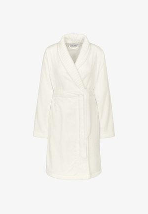 Biały, puszysty ręcznik kąpielowy z kołnierzem szalowym, długimi rękawami i pasującym paskiem w talii. Charakteryzuje się gładką, miękką fakturą.