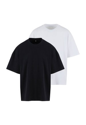 Zwei T-Shirts mit Rundhalsausschnitt und kurzen Ärmeln in mittlerer Größe, eines vorne schwarz und eines hinten weiß.