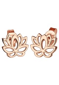 Rosaguld øreringe med lotusblomst design, åbne udskæringer, poleret finish og en buet clip-on stil for sikker bæring.