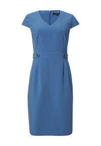 Blaues enges Kleid mit kurzen Ärmeln, V-Ausschnitt und Reißverschluss. Verfügt über eine taillierte Taille mit zwei dekorativen Knöpfen und Faltenrockdetails.