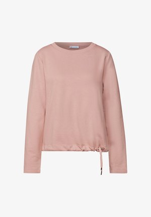 Sudadera de manga larga rosa, hecha de un tejido suave, con cuello redondo y un cordón en el dobladillo para un ajuste ajustable.