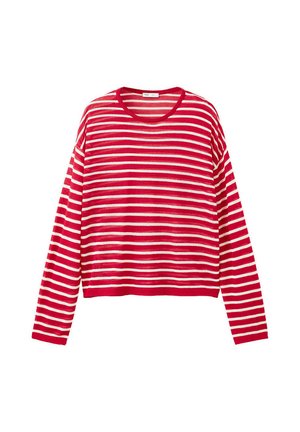 Chemise rouge et blanche à rayures, manches longues, col rond, présentée sur un fond blanc.