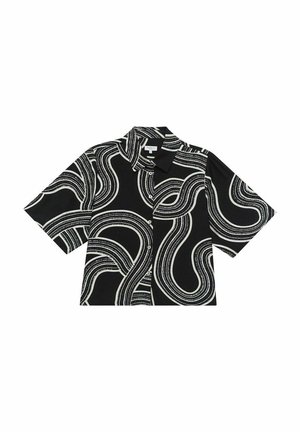 Kortærmet sort skjorte med et hvidt abstrakt bølget mønster. Knap-lukning med spids krave. Glat stofstruktur.