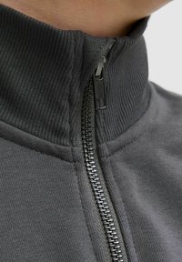 Veste grise avec zip et col côtelé, dotée d'une fermeture éclair métallique contrastante. Le tissu présente une texture lisse avec des détails de coutures subtiles.