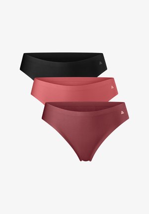 Tre par kvindelige bikini-trusser i sort, rosenrød og mørkerød. Stoffet er glat med et sømløst design og en bred taljeelastik.