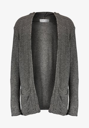 Cardigan en maille gris foncé à devant ouvert avec manches longues et deux poches avant, tissu texturé, étiquette "Pier One" à l'intérieur du col.