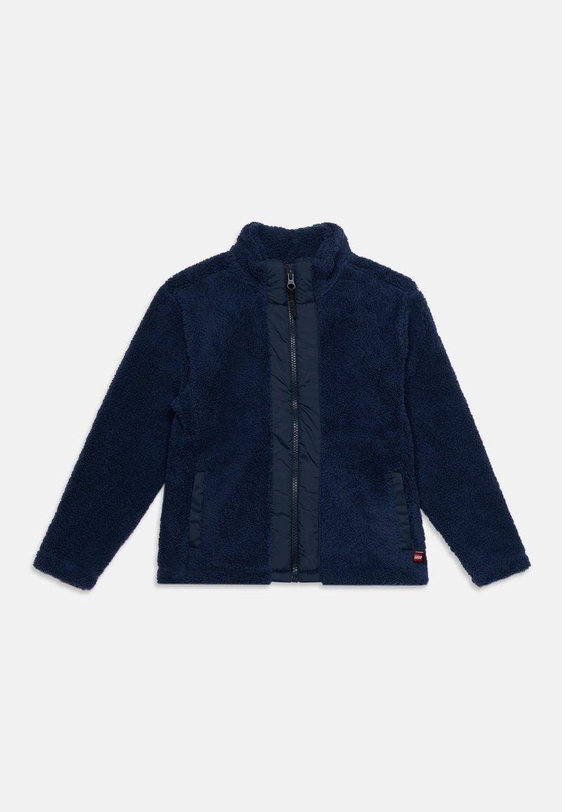 Μπλούζα fleece σε ναυτικό μπλε χρώμα με ολόκληρο φερμουάρ μπροστά, ψηλό γιακά και δύο πλαϊνές τσέπες, εμφανιζόμενη επίπεδη σε λευκό φόντο.