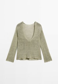 Zielony, długi sweter z dzianiny z głębokim dekoltem w kształcie litery V, luźny krój i teksturowany materiał. Posiada prosty dół i szerokie rękawy.