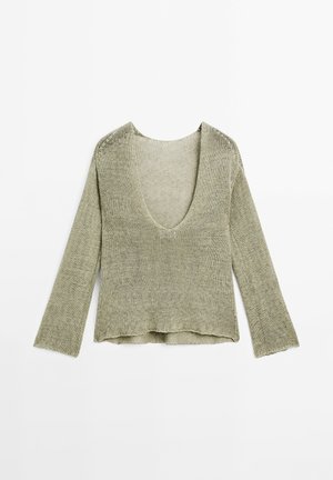 Grüner, langärmeliger Strickpullover mit tiefem V-Ausschnitt, lockerer Passform und strukturiertem Stoff. Mit geradem Saum und weiten Ärmeln.