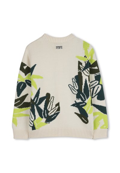 Pull tricoté crème avec motifs floraux verts et bleu foncé. Comprend un col rond, des poignets et un ourlet côtelés. Logo à l'arrière du col.