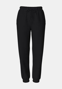 Črne trenirke iz mehke tkanine, s širokim elastičnim pasom in vezalko, obliko sežanih nogavic ter rebrastimi manšetami.