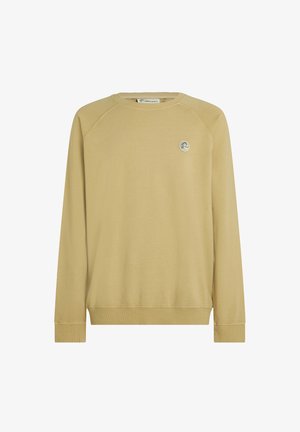 Felpa beige con maniche raglan, scollo rotondo, polsini a coste e un piccolo logo ricamato sul petto. Tessuto morbido in misto cotone.