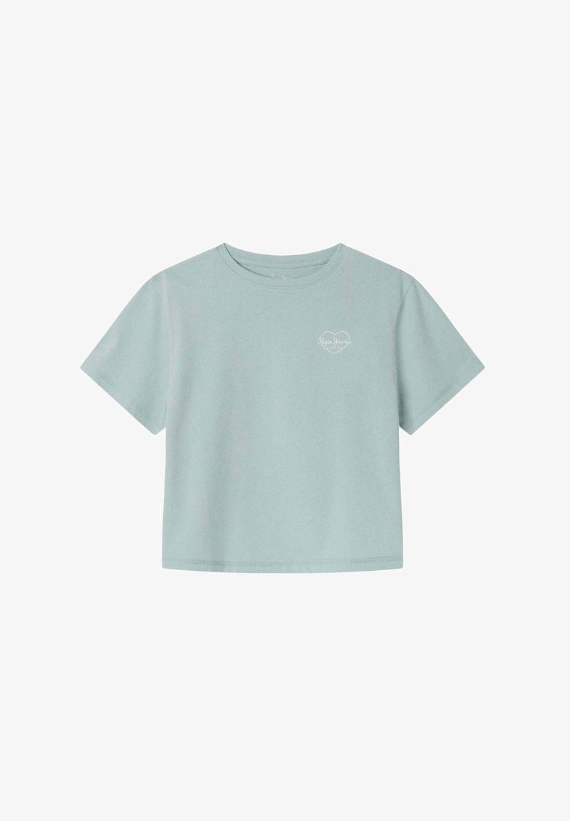 Gaiši zaļš kokvilnas t-krekls ar apaļu kakla izgriezumu, īsām piedurknēm un mazu baltu sirds logotipu kreisajā krūšu daļā.