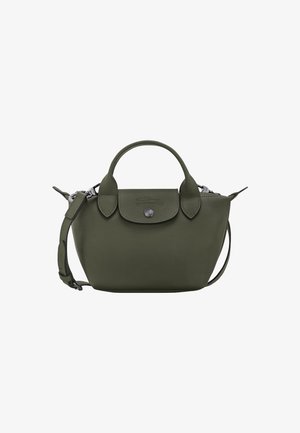Olive green leather handbag with rounded shape, dual top handles, detachable shoulder strap, and a snap closure. Features subtle logo detail.