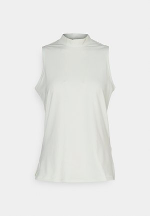 Beżowy top bez rękawów, z wysokim dekoltem, wykonany z lekkiego materiału, charakteryzujący się gładką fakturą i bocznymi rozcięciami dla swobody ruchów. Prosty design bez wzorów.