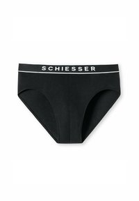 Zwarte katoenen slips met een witte logo-band die "SCHIESSER" aan de bovenkant leest. Kenmerkt een gladde textuur en een klassieke slipsvorm.