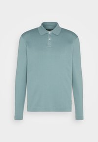 Pánská polokošile s dlouhým rukávem z měkké teal bavlny. Má klasický límeček, zapínání na třech knoflících a vroubkované manžety. Jednoduchý, čistý design.