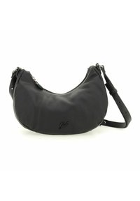 Schwarze Leder-Umhängetasche mit gebogener Form, Reißverschluss und verstellbarem Tragegurt. Strukturiert Oberfläche mit subtiler Logo auf der Vorderseite.