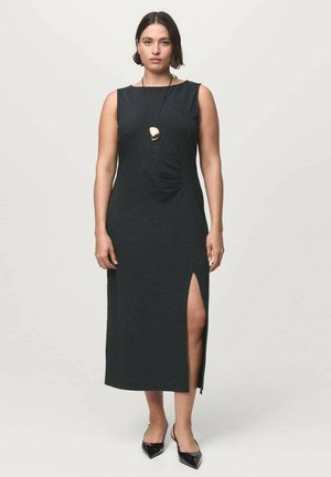 Black sleeveless midi dress with a side slit, made of smooth fabric. The design features a round neckline and subtle draping at the waist.