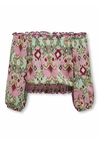 Blusa scollata realizzata in tessuto leggero con motivi floreali e geometrici multicolori nei toni del rosa, verde e marrone. Maniche elastiche.