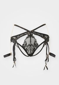 Black lace lingerie with a floral pattern, featuring adjustable satin straps, gold hardware accents, and side ties. Boasts open back design.