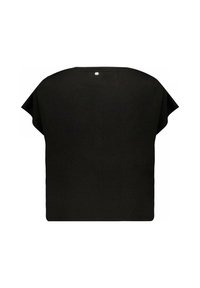 Zwarte top met korte mouwen, gemaakt van een gladde stof met een relaxte pasvorm, voorzien van een ronde halslijn en een kleine accent aan de achterkant.