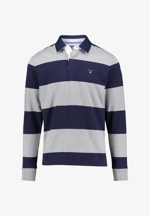 Long-sleeve polo shirt in navy and gray stripes. Features a collared neck, soft fabric, and a small logo on the chest.