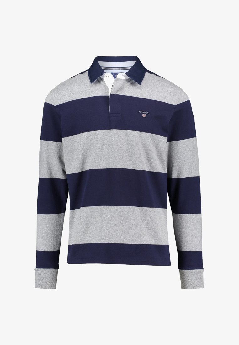 Long-sleeve polo shirt in navy and gray stripes. Features a collared neck, soft fabric, and a small logo on the chest.