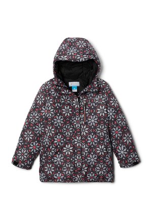 Giacca a vento imbottita con cappuccio, caratterizzata da uno sfondo scuro e un motivo geometrico di fiocchi di neve nei colori rosso, bianco e grigio. Chiusura con zip.